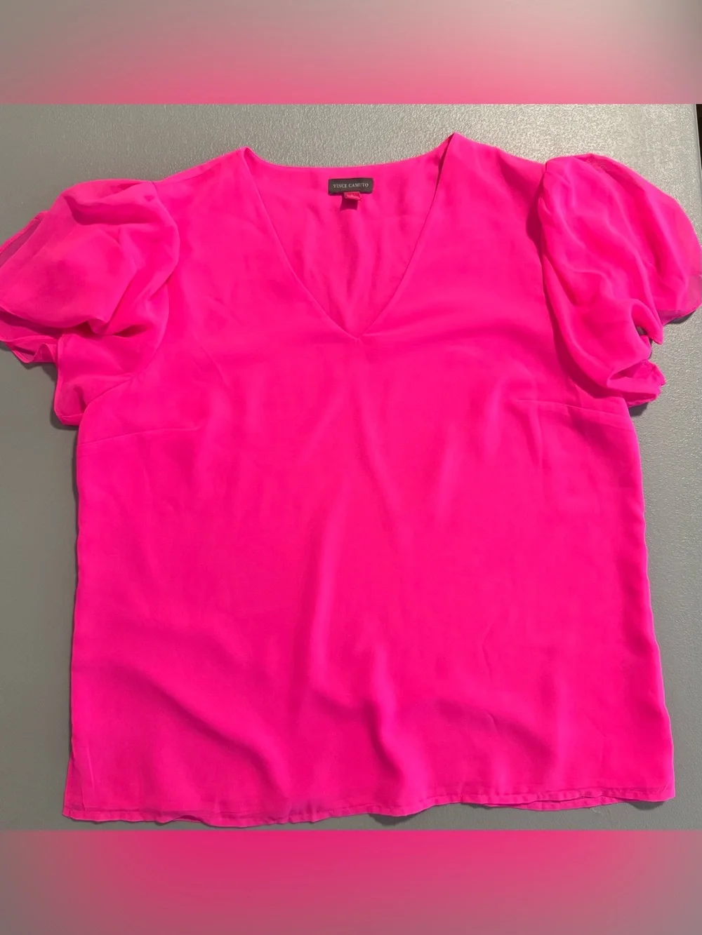 Vince Camuto Hot Pink V-Neck Ruffle Sheer Short Sleeve Blouse L - Picture 2 of 14